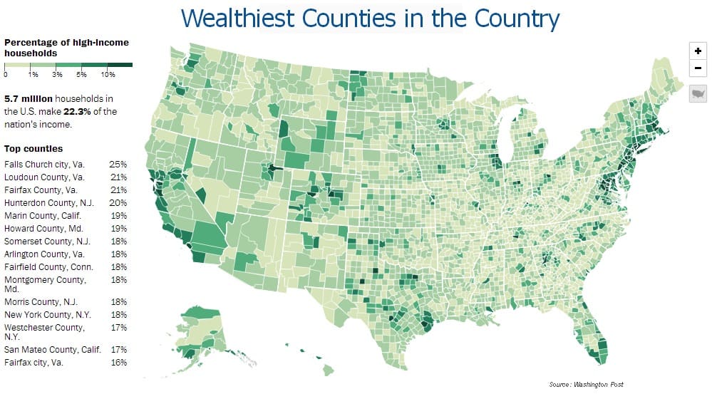 US Map shows geographic concentrations of wealth by US County, helpful for analyzing housing markets