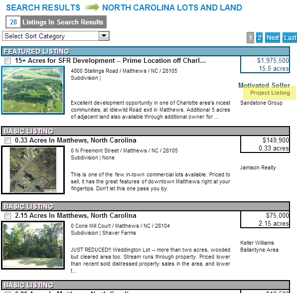 Project Listings are Highlighted in Search Results to Help Sell Development Projects
