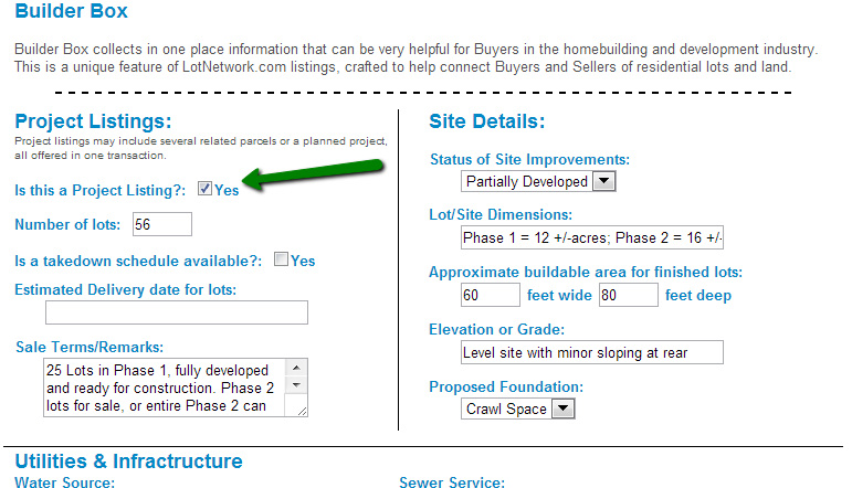 Sell Development Projects by checking the box for a Project Listing