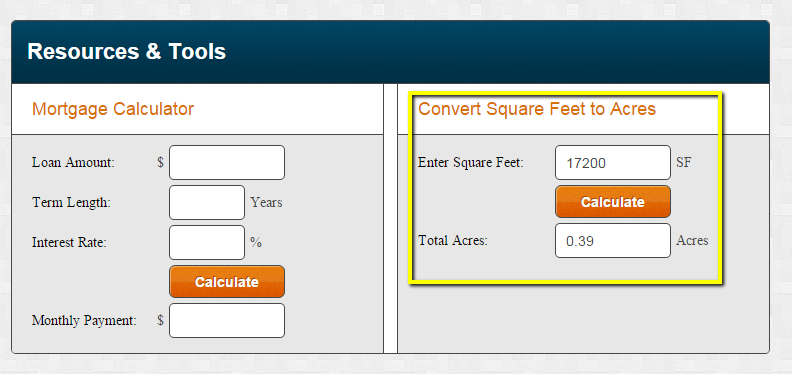 Tool to help you convert square feet to acres